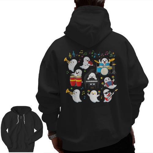 Halloween Music Teacher Ghost Playing Musical Instruments Men Zip Up Hoodie Back Print - teacherstshirts.com DE