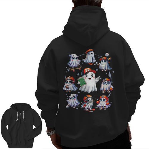 Halloween PE Teacher Ghost Playing Sports Physical Education Men Zip Up Hoodie Back Print - teacherstshirts.com UK