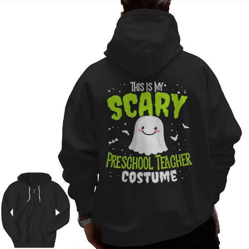 Halloween This Is My Scary Preschool Teacher Custome For Men Women Kids Men Zip Up Hoodie Back Print - teacherstshirts.com UK