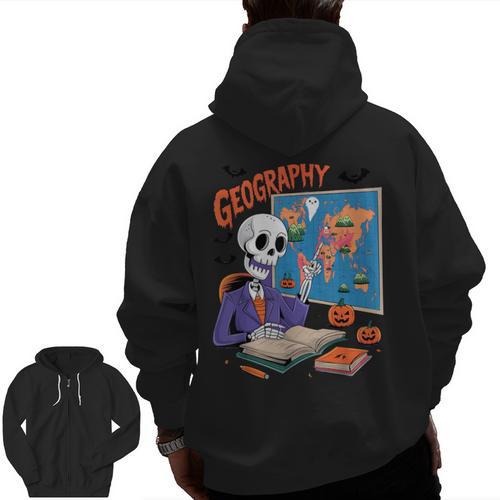 Halloween Skeleton Geography Teacher Pumpkin Bats Classroom Men Zip Up Hoodie Back Print - teacherstshirts.com AU