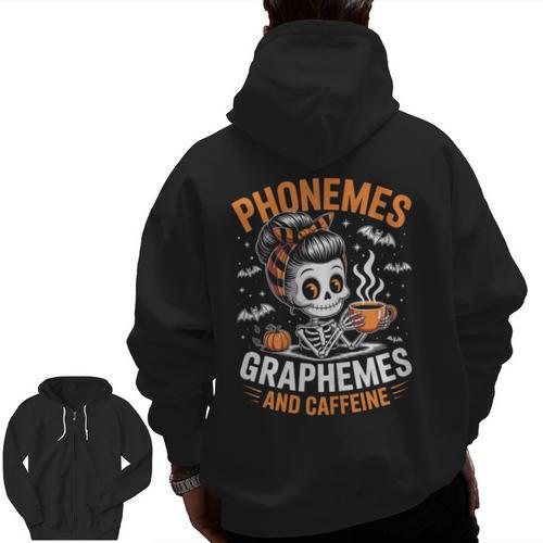 Halloween Skeleton Teacher Phonemes Graphemes Caffeine Lover Men Zip Up Hoodie Back Print - teacherstshirts.com AU