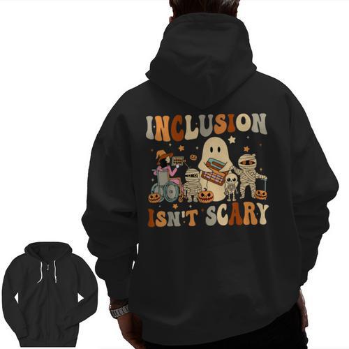 Halloween SLP Sped Teacher Groovy Inclusion Isn't Scary Men Zip Up Hoodie Back Print - teacherstshirts.com AU