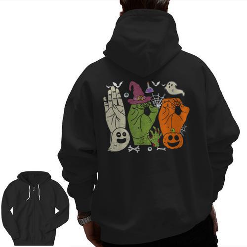 Halloween SPED Teacher Boo In ASL Boo Hands Sign Language Men Zip Up Hoodie Back Print - teacherstshirts.com AU