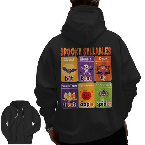 Halloween Spooky Syllable Types Teacher Educational Men Zip Up Hoodie Back Print - teacherstshirts.com DE