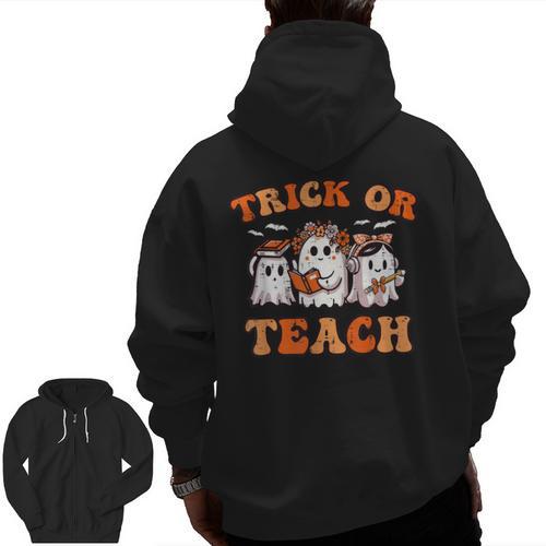 Halloween Teacher Ghosts Trick Or Teach Retro Costume Women Men Zip Up Hoodie Back Print - teacherstshirts.com UK