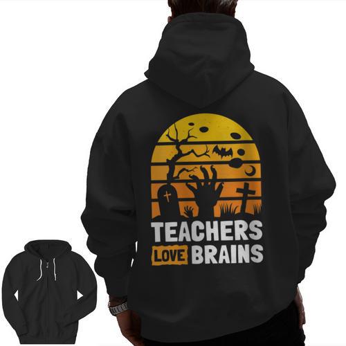 Halloween Teachers Science Math Teachers Love Brains Men Zip Up Hoodie Back Print - teacherstshirts.com CA