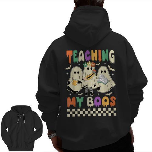 Halloween Teaching My Boos Cute Ghost Teacher Life Costume Men Zip Up Hoodie Back Print - teacherstshirts.com CA