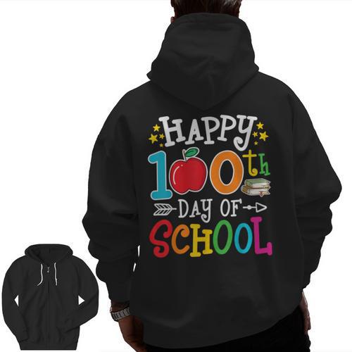 Happy 100th Day Of School Teachers 100 Days Of School Kids Men Zip Up Hoodie Back Print - teacherstshirts.com DE