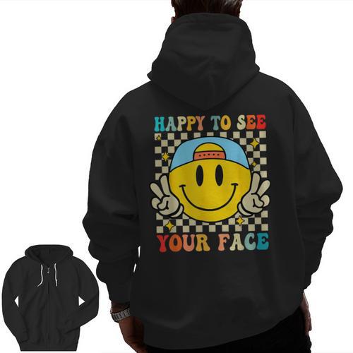Happy To See Your Face Hippie Smile Back To School Teachers Men Zip Up Hoodie Back Print - teacherstshirts.com CA