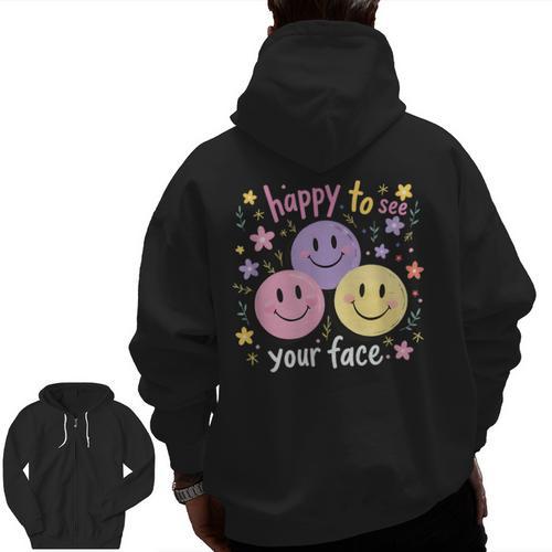 Happy To See Your Face Smile Face Teacher Back To School Men Zip Up Hoodie Back Print - teacherstshirts.com AU