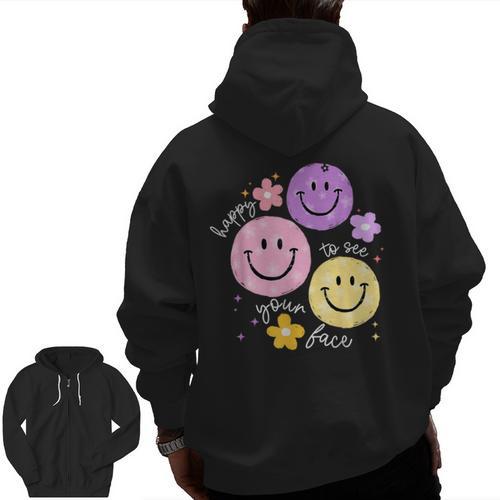 Happy To See Your Face Teacher Flower Back To School Men Zip Up Hoodie Back Print - teacherstshirts.com AU
