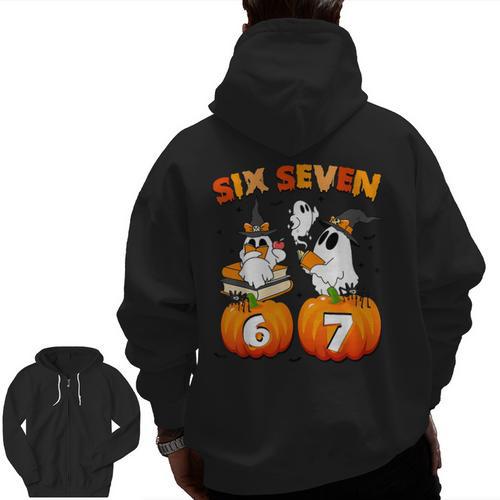 Haunted By 67 Boo Ghost Pumpkin Halloween Teacher Men Zip Up Hoodie Back Print - teacherstshirts.com AU