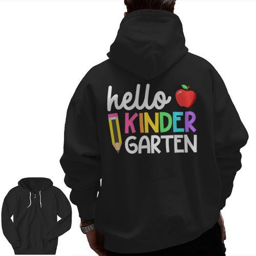 Hello Kindergarten Team Kinder Back To School Teacher Kids Men Zip Up Hoodie Back Print - teacherstshirts.com