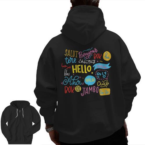 Hello Word In Different Languages Travel And Teacher Lover Men Zip Up Hoodie Back Print - teacherstshirts.com