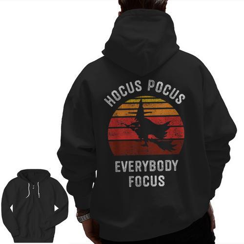 Hocus Pocus Everybody Focus Witch Halloween Teacher Women Men Zip Up Hoodie Back Print - teacherstshirts.com CA