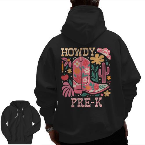 Howdy Pre-K Cowgirls Teacher Back To School Men Zip Up Hoodie Back Print - teacherstshirts.com AU