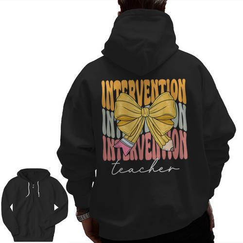 Interventionist Teacher Groovy Coquette Bow Back To School Men Zip Up Hoodie Back Print - teacherstshirts.com UK