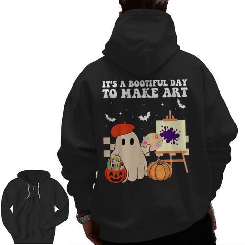 It's A Bootiful Day To Make Art Groovy Art Teacher Halloween Men Zip Up Hoodie Back Print - teacherstshirts.com UK