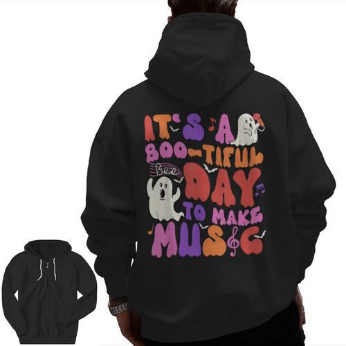 It's a Bootiful Day To Make Music Halloween Music Teacher Men Zip Up Hoodie Back Print - teacherstshirts.com CA
