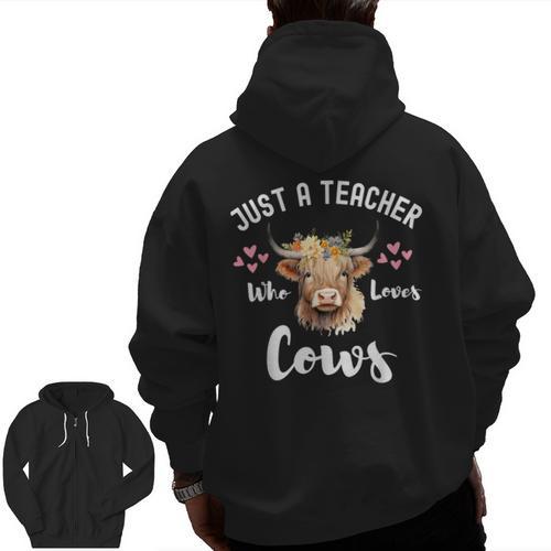 Just A Teacher Who Loves Cows Shirt Cute Highland Cow Men Zip Up Hoodie Back Print - teacherstshirts.com AU