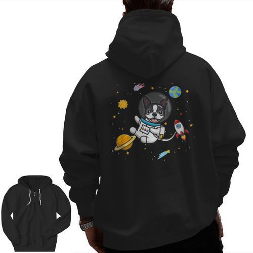 Kawaii Kids & Boys Astronaut Space Boston Terrier Dog Lover Men Zip Up Hoodie Back Print - Bostonterriersmerch.com AU