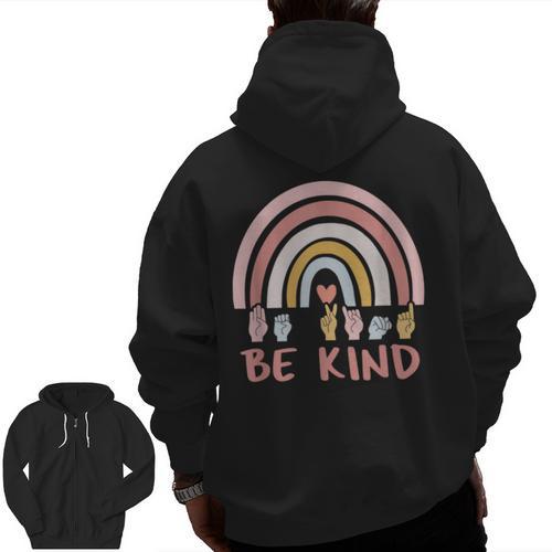 Be Kind ASL Sign Language Deaf SPED Teacher Kids Men Women Men Zip Up Hoodie Back Print - teacherstshirts.com AU