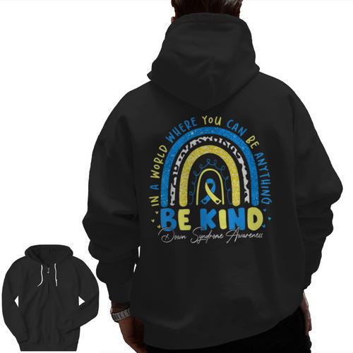 Be Kind Rainbow Down Syndrome Awareness Teacher Blue Yellow Men Zip Up Hoodie Back Print - teacherstshirts.com UK