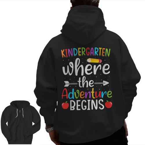Kindergarten Where The Adventure Begins Shirt Children's Teacher Men Zip Up Hoodie Back Print - teacherstshirts.com