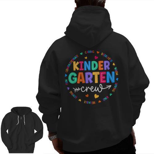 Kindergarten Crew Back To School Kindergarten Teacher Kids Men Zip Up Hoodie Back Print - teacherstshirts.com