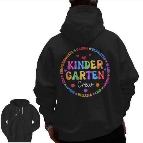 Kindergarten Crew Funy Back To School Teachers Kids Students Men Zip Up Hoodie Back Print - teacherstshirts.com