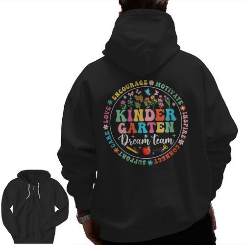 Kindergarten Dream Team Back To School Teacher Flower For Men Women Girls Kids Men Zip Up Hoodie Back Print - teacherstshirts.com CA