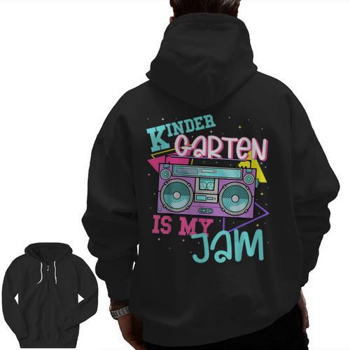 Kindergarten Is My Jam Cute Teacher Shirt 80's 90's Styl Men Zip Up Hoodie Back Print - teacherstshirts.com AU