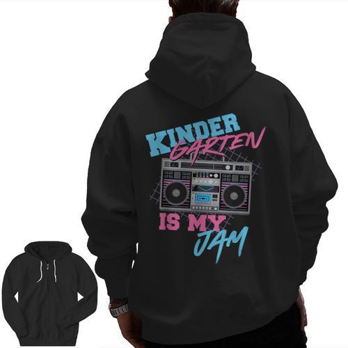 Kindergarten Is My Jam Vintage 80s Boombox Teacher Student Men Zip Up Hoodie Back Print - teacherstshirts.com AU