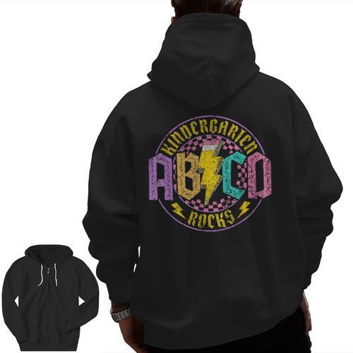 Kindergarten Rocks ABCD Back To School Rock Teacher Men Zip Up Hoodie Back Print - teacherstshirts.com