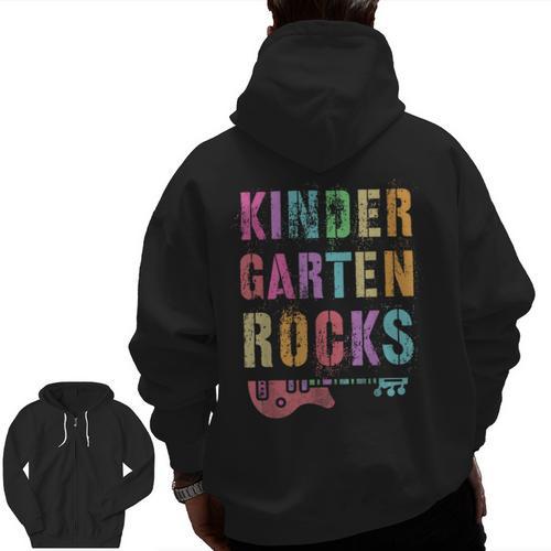 KINDERGARTEN ROCKS Teacher Crew Rock Star Kinder Team Men Zip Up Hoodie Back Print - teacherstshirts.com AU