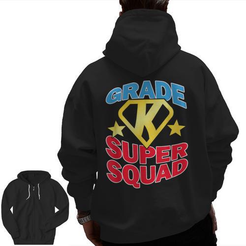 Kindergarten Super Squad Superhero Teacher Team Men Women Girls Kids Men Zip Up Hoodie Back Print - teacherstshirts.com CA