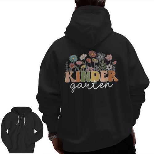 Kindergarten Teacher Wildflower Back To School Floral Outfit Men Women Men Zip Up Hoodie Back Print - teacherstshirts.com CA