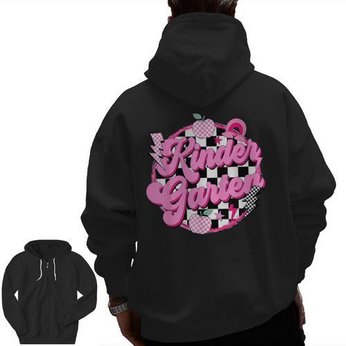 Kindergarten Teacher Women Checkered First Day Of School Men Zip Up Hoodie Back Print - teacherstshirts.com DE
