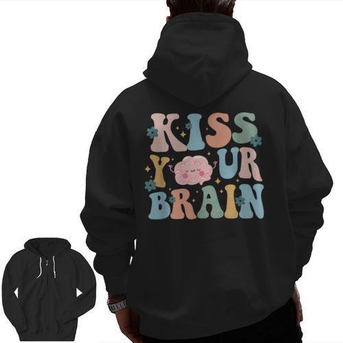 Kiss Your Brain Teacher Inspire Educate Groovy Retro Vintage Men Zip Up Hoodie Back Print - teacherstshirts.com