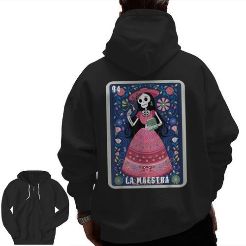 La Maestra Halloween Mexican Bingo Card Teacher Lottery Card Men Zip Up Hoodie Back Print - teacherstshirts.com AU