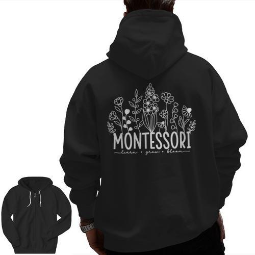 Learn Grow Bloom Wildflowers Appreciation Montessori Teacher Men Zip Up Hoodie Back Print - teacherstshirts.com