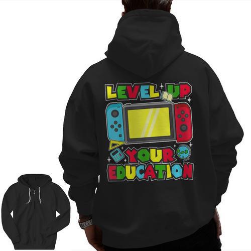 Level Up Your Education Gaming Inspired Teacher Gamers Men Zip Up Hoodie Back Print - teacherstshirts.com CA