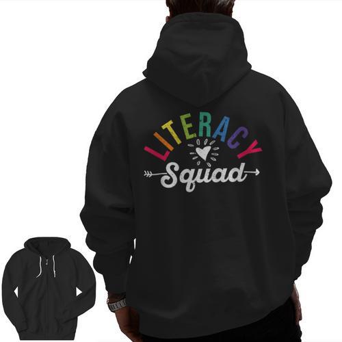Literacy Squad Reading Teacher Interventionist Specialist Men Zip Up Hoodie Back Print - teacherstshirts.com AU