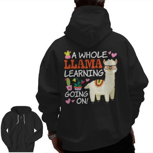 Llama Learning T Shirt Teachers Students Alpaca Lovers Men Zip Up Hoodie Back Print - teacherstshirts.com AU
