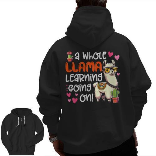 Llama Learning Teachers Students Alpaca Lover Back To School Men Zip Up Hoodie Back Print - teacherstshirts.com CA