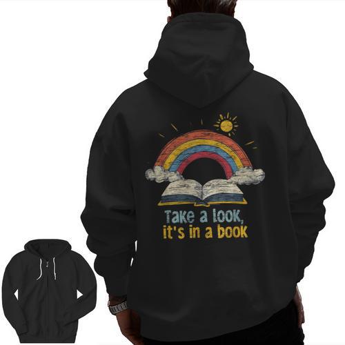 Take a Look It's In a Book Vintage Reading Teacher Rainbow Men Zip Up Hoodie Back Print - teacherstshirts.com CA