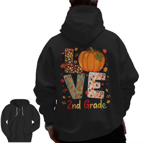 Love 2nd Grade Happy Fall Thanksgiving For 2nd Teacher For Men Women Girls Kids Men Zip Up Hoodie Back Print - teacherstshirts.com CA