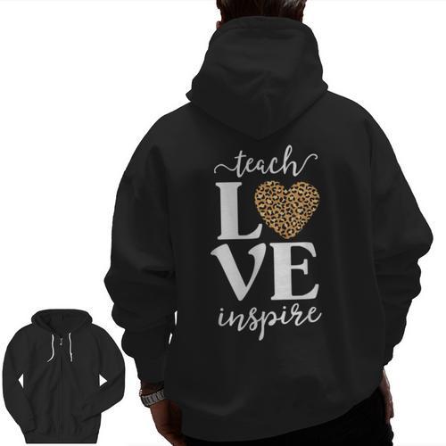 Love Leopard Print Teacher Cheetah School Inspire Teach Men Zip Up Hoodie Back Print - teacherstshirts.com AU