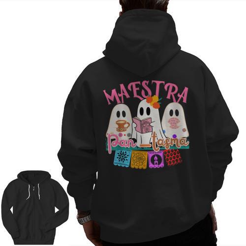 Maestra Pantasmas Conchas Teacher Mexican Halloween Men Zip Up Hoodie Back Print - teacherstshirts.com AU