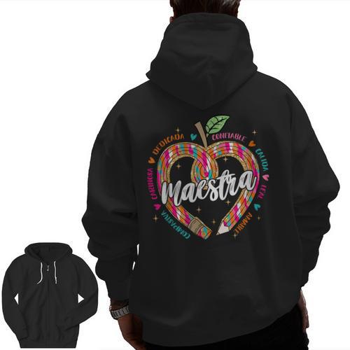 Maestra Pencil Spanish Teacher Bilingual 100 Days Of School Men Zip Up Hoodie Back Print - teacherstshirts.com AU